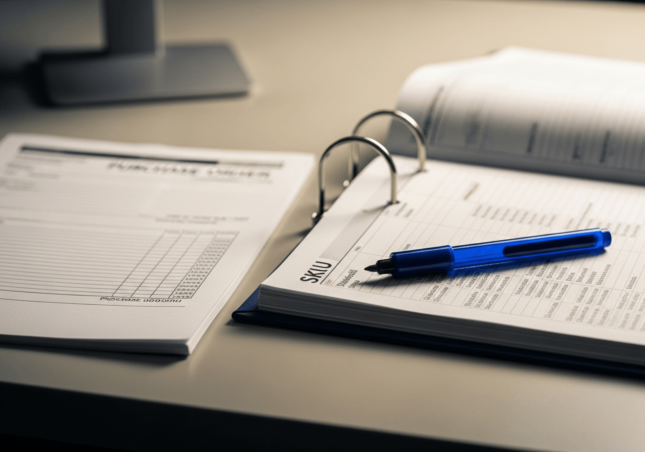 Cinematic still-life of a distribution-desk workspace with a printed order, a SKU catalog, and a sapphire-blue glass marker, representing the Order Entry and Verification blueprint.