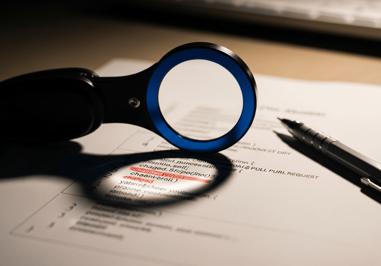 Cinematic still-life of an engineer workstation with an open pull-request diff and a sapphire-blue glass loupe magnifying the changed lines, representing the Engineering Code Review blueprint.