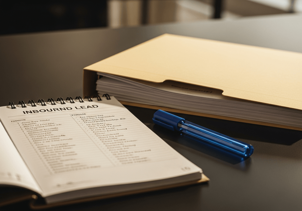 Cinematic still-life of a broker desk with an open inbound-lead list and a sapphire-blue glass marker beside a property file, representing the Lead Qualification and Follow-up blueprint.
