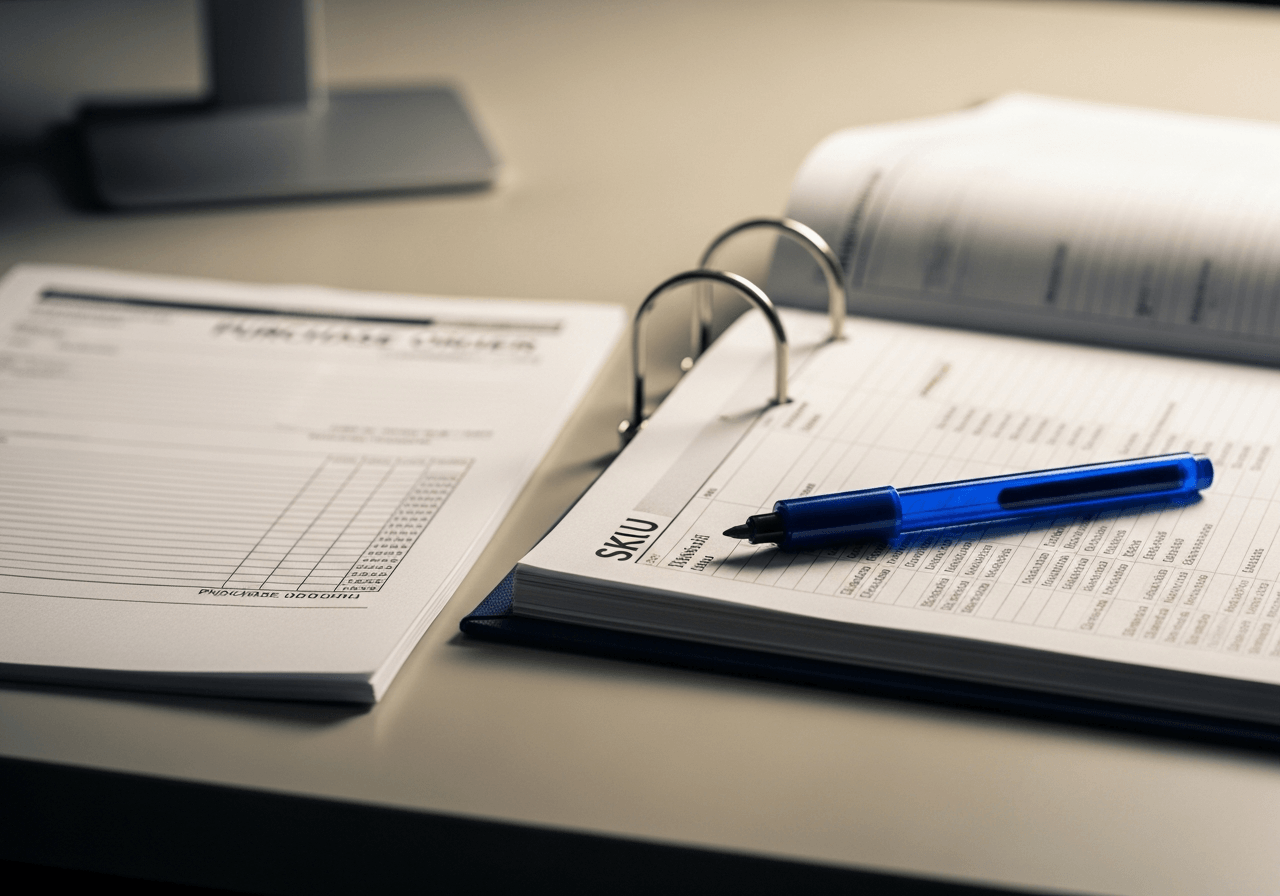 Cinematic still-life of a distribution-desk workspace with a printed order, a SKU catalog, and a sapphire-blue glass marker, representing the Order Entry and Verification blueprint.
